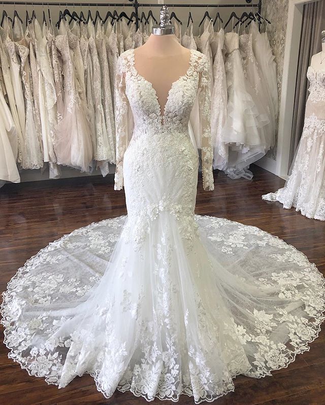 Elegant Jewel Longsleeves Mermaid Wedding Dresses Tulle Ruffles Lace Bridal Gowns With Appliques On Sale