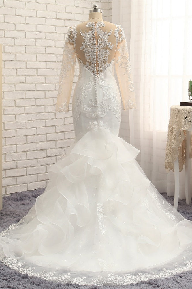 Elegant Jewel Mermaid Lace Wedding Dress Long Sleeves White Appliques Bridal Gowns On Sale