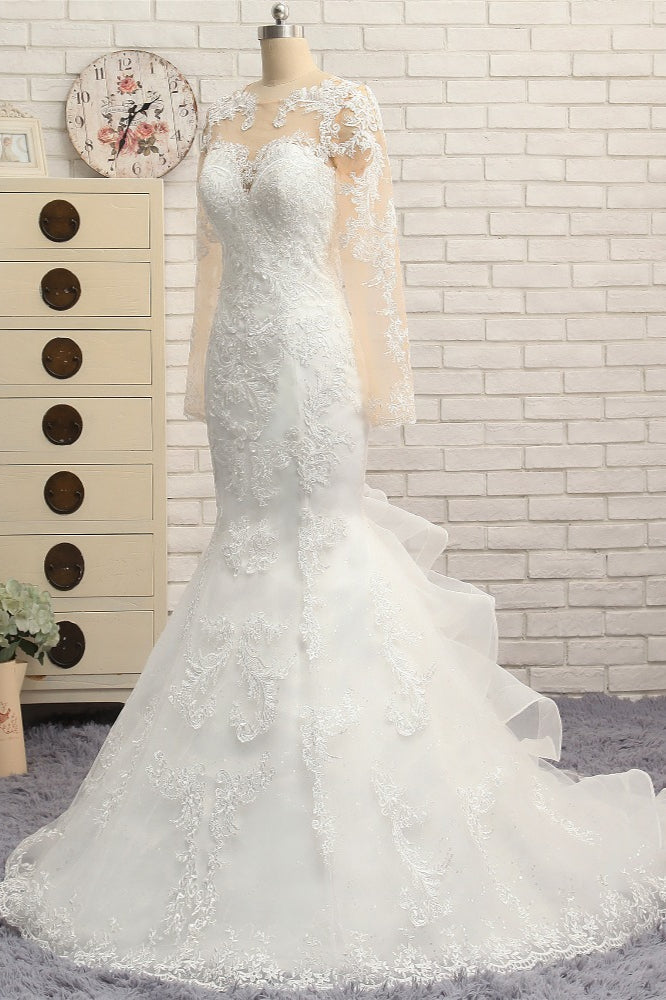 Elegant Jewel Mermaid Lace Wedding Dress Long Sleeves White Appliques Bridal Gowns On Sale