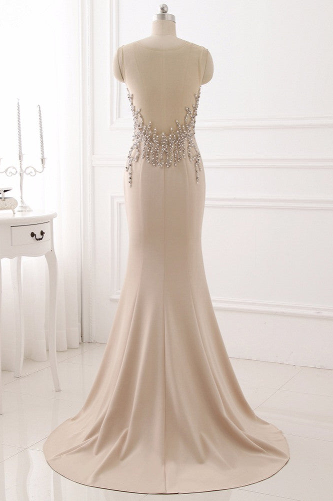 Elegant Jewel Sleeveless Mermaid Prom Dresses with Pearls