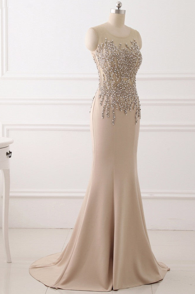 Elegant Jewel Sleeveless Mermaid Prom Dresses with Pearls