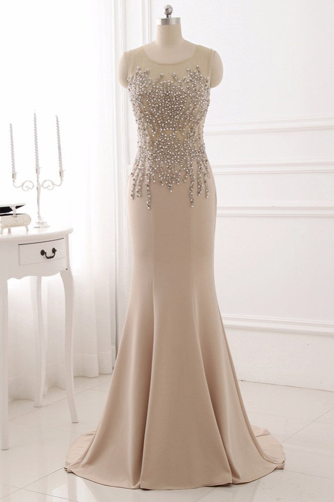 Elegant Jewel Sleeveless Mermaid Prom Dresses with Pearls