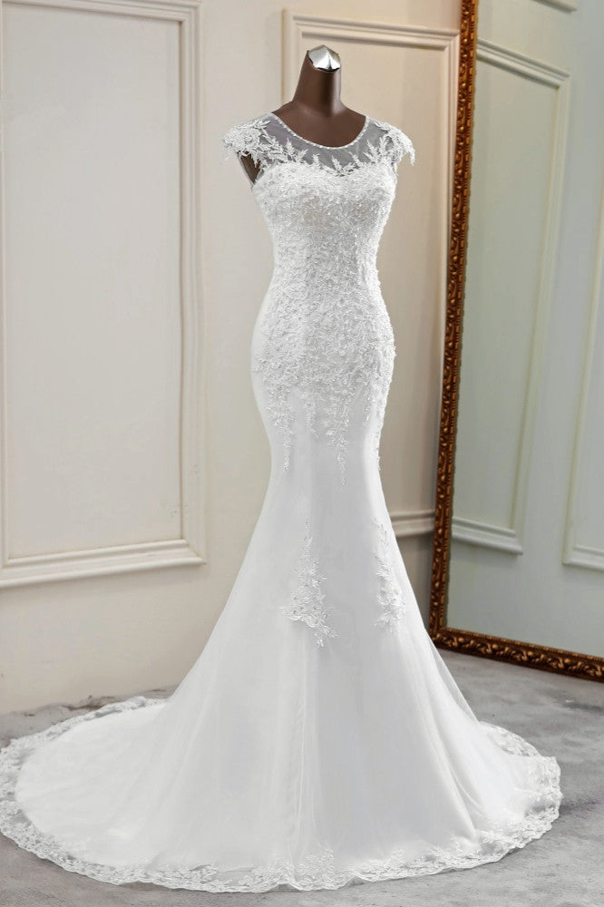 Elegant Jewel Sleeveless White Lace Mermaid Wedding Dresses with Rhinestone Appliques