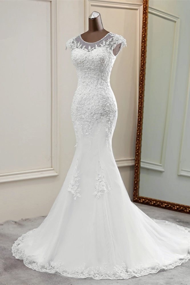 Elegant Jewel Sleeveless White Lace Mermaid Wedding Dresses with Rhinestone Appliques