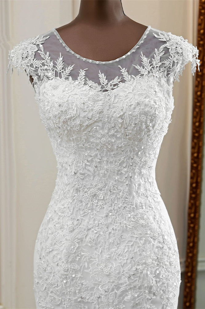 Elegant Jewel Sleeveless White Lace Mermaid Wedding Dresses with Rhinestone Appliques