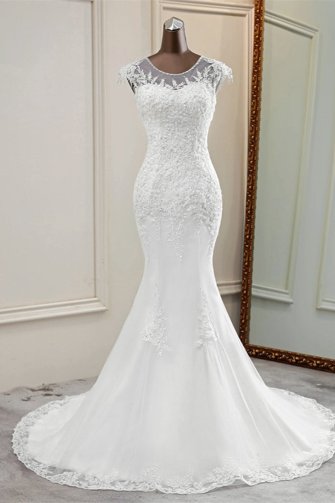 Elegant Jewel Sleeveless White Lace Mermaid Wedding Dresses with Rhinestone Appliques