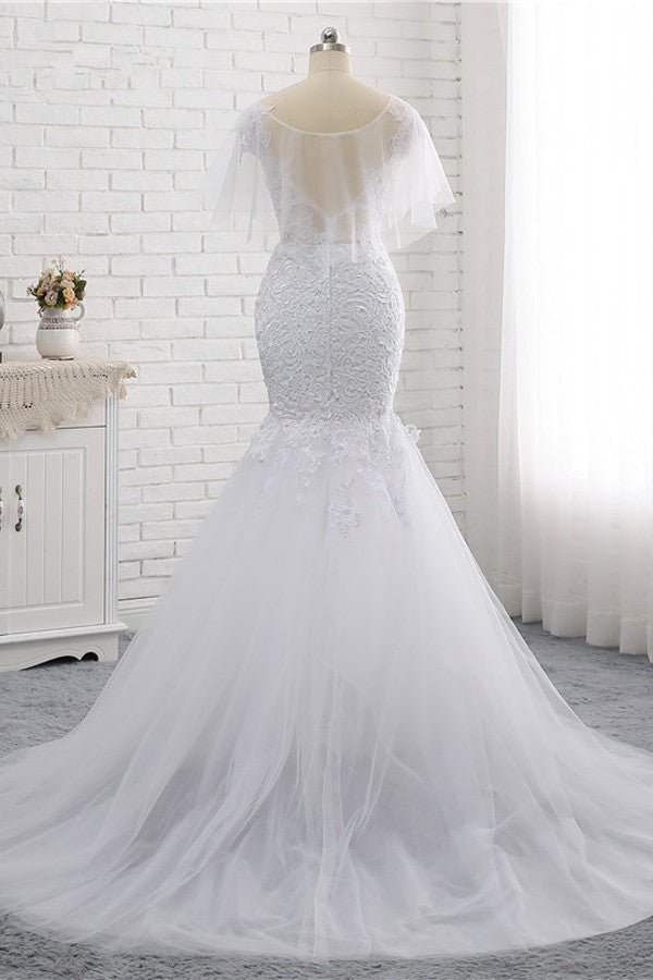 Elegant Jewel Sleeveless White Tulle Wedding Dress Mermaid Lace Beading Bridal Gowns On Sale