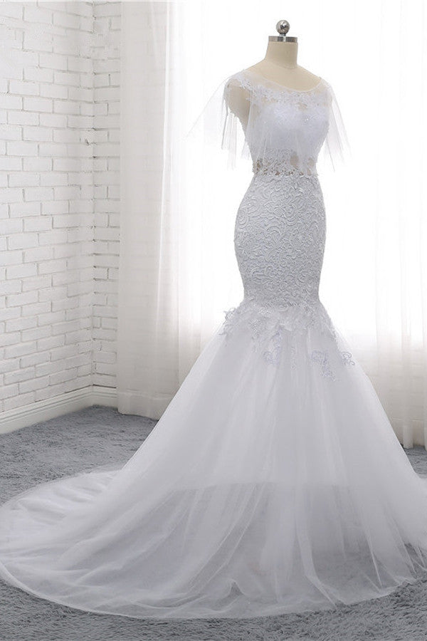 Elegant Jewel Sleeveless White Tulle Wedding Dress Mermaid Lace Beading Bridal Gowns On Sale