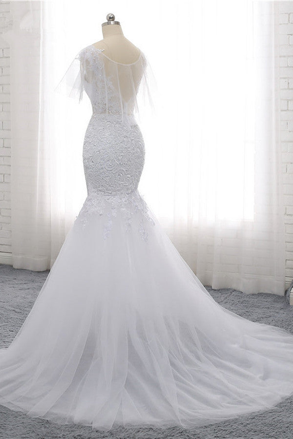 Elegant Jewel Sleeveless White Tulle Wedding Dress Mermaid Lace Beading Bridal Gowns On Sale