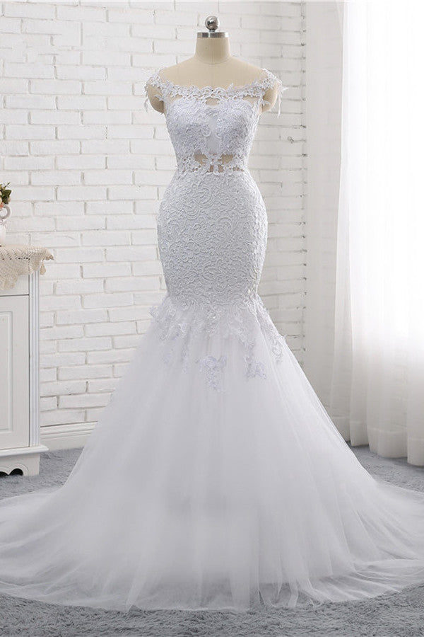 Elegant Jewel Sleeveless White Tulle Wedding Dress Mermaid Lace Beading Bridal Gowns On Sale