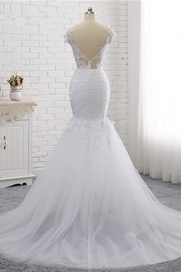 Elegant Jewel Sleeveless White Tulle Wedding Dress Mermaid Lace Beading Bridal Gowns On Sale