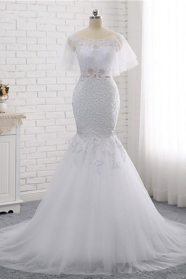 Elegant Jewel Sleeveless White Tulle Wedding Dress Mermaid Lace Beading Bridal Gowns On Sale