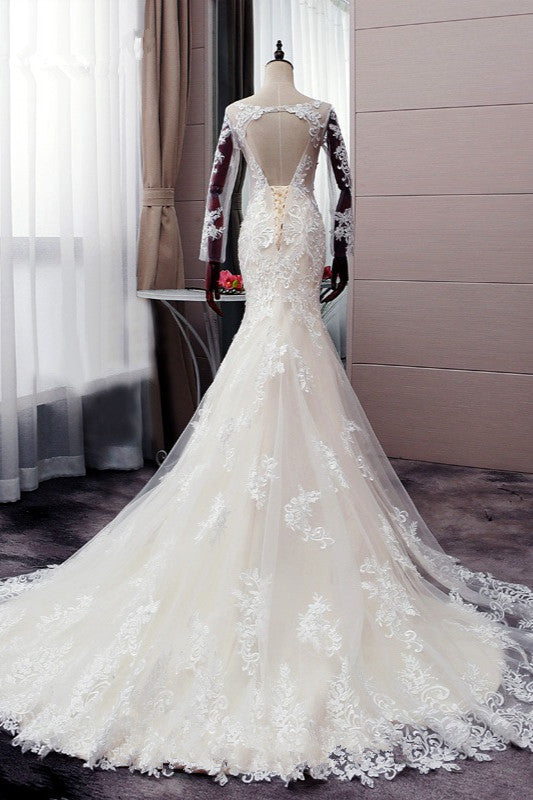 Elegant Jewel Tulle Lace Mermaid Wedding Dress Long Sleeves Appliques Bridal Gowns with Beadings On Sale