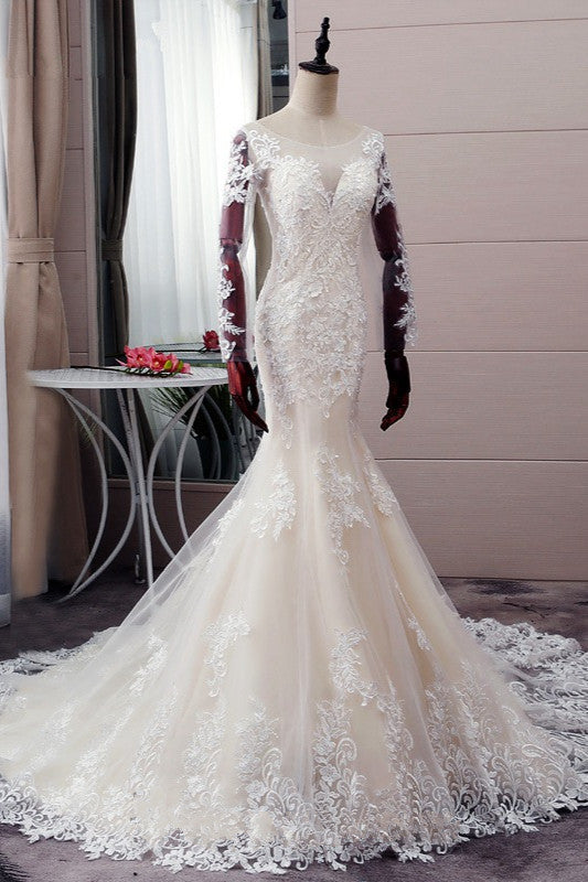 Elegant Jewel Tulle Lace Mermaid Wedding Dress Long Sleeves Appliques Bridal Gowns with Beadings On Sale