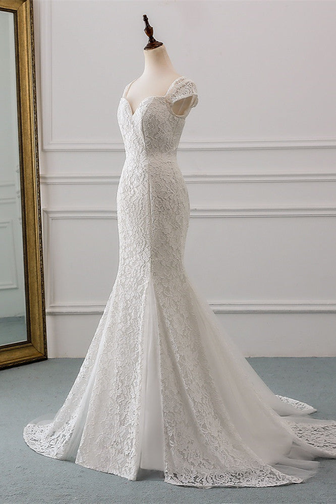 Elegant Lace Cap-Sleeves Sweetheart Mermaid Wedding Dresses