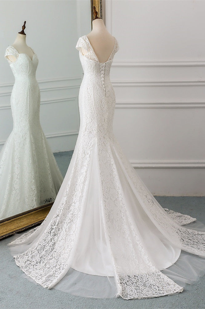 Elegant Lace Cap-Sleeves Sweetheart Mermaid Wedding Dresses