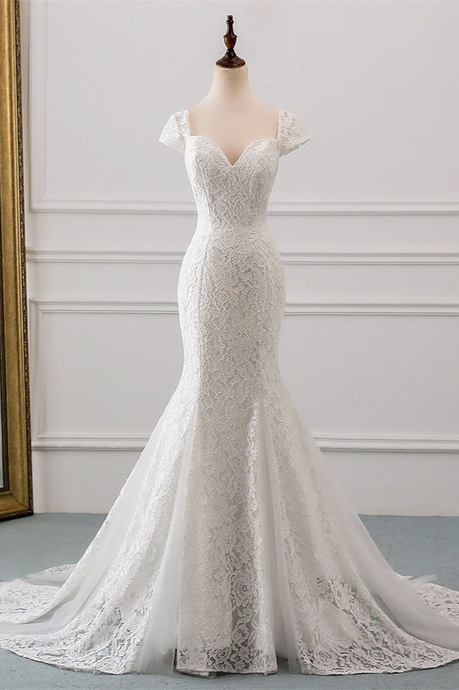 Elegant Lace Cap-Sleeves Sweetheart Mermaid Wedding Dresses