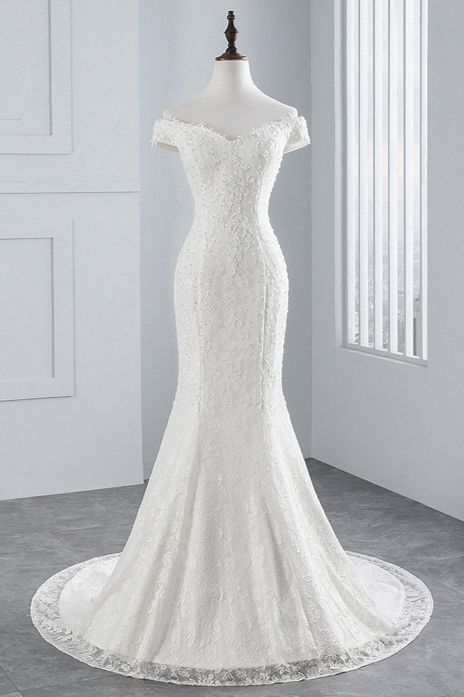 Elegant Lace Off-the-Shoulder White Mermaid Wedding Dresses Affordable