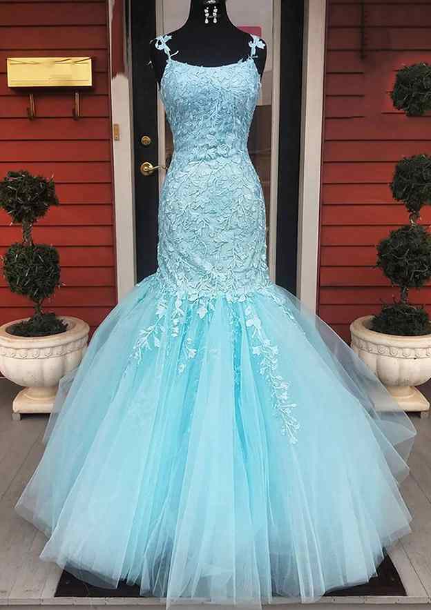 Elegant Laced Prom Dress/Evening Dress with Square Neckline and Spaghetti Straps - Trumpet/Mermaid Long/Floor-Length