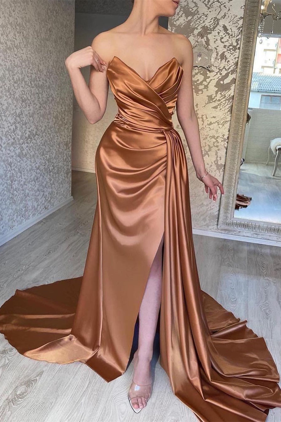 Sophisticated Long A-Line Satin Sleeveless Prom Dress with Elegant Side Slit