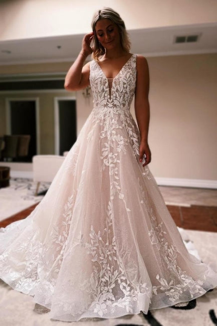 Elegant Long A-line V-neck Backless Lace Glitter Sleeveless Wedding Gown