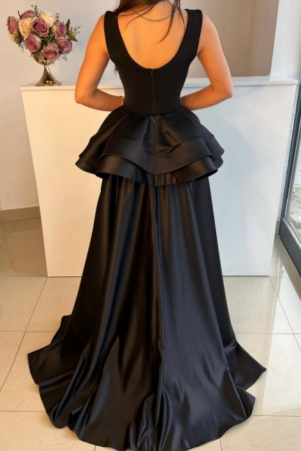 Chic Long Black Evening Dresses Simple Design with Detachable Train