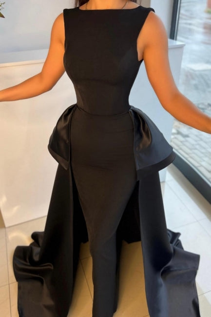 Chic Long Black Evening Dresses Simple Design with Detachable Train