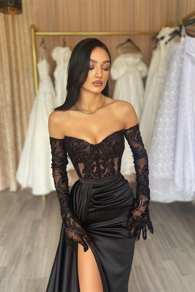 Sophisticated Long Black Off-the-shoulder Lace Mermaid Dress with a High Slit