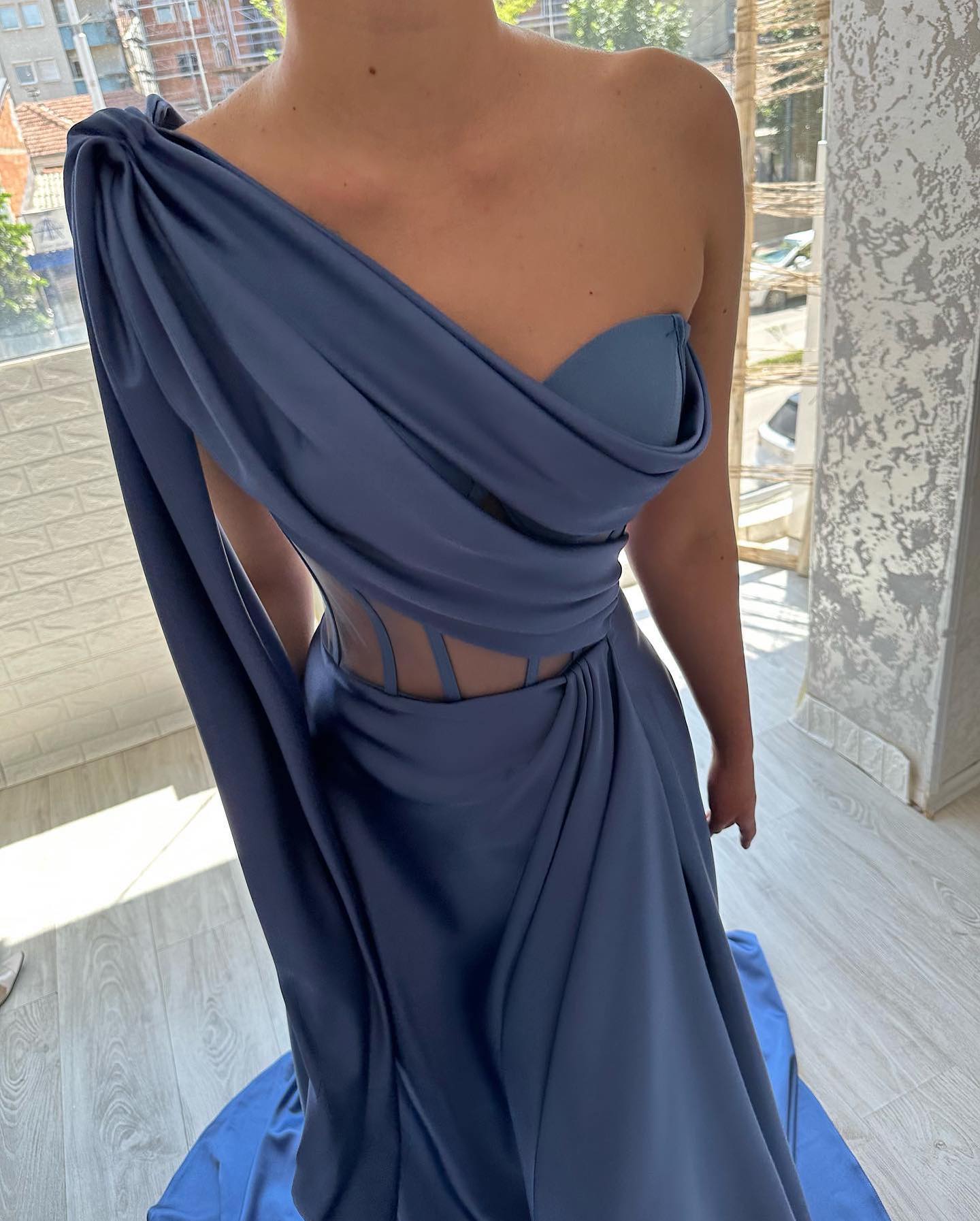 Elegant Long Blue One Shoulder Sleeveless Prom Dresses