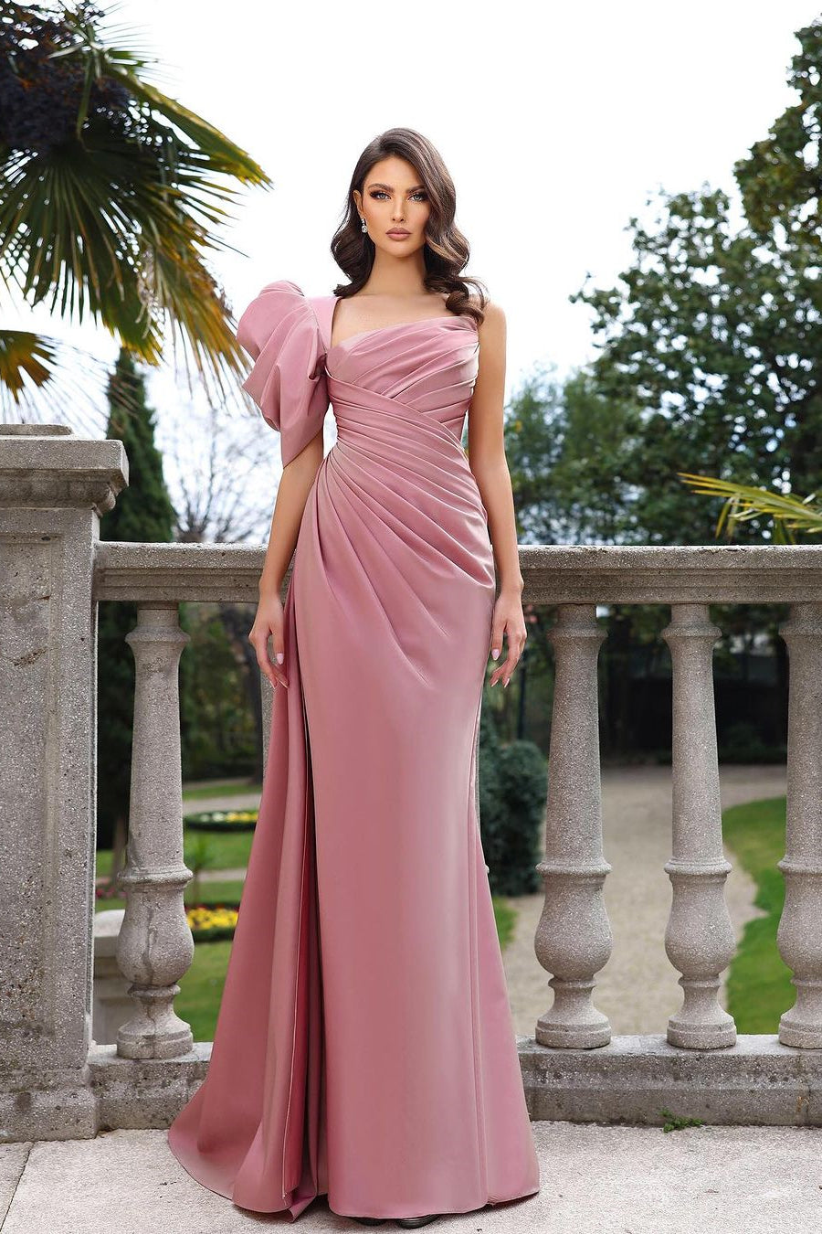 Elegant Long Dusty Rose One-Shoulder Satin Dress Sleeveless and Floor-Length