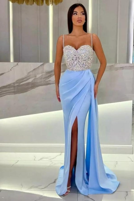 Elegant Long Mermaid Spaghetti Strap Sweetheart Glittering Prom Dress with Slit