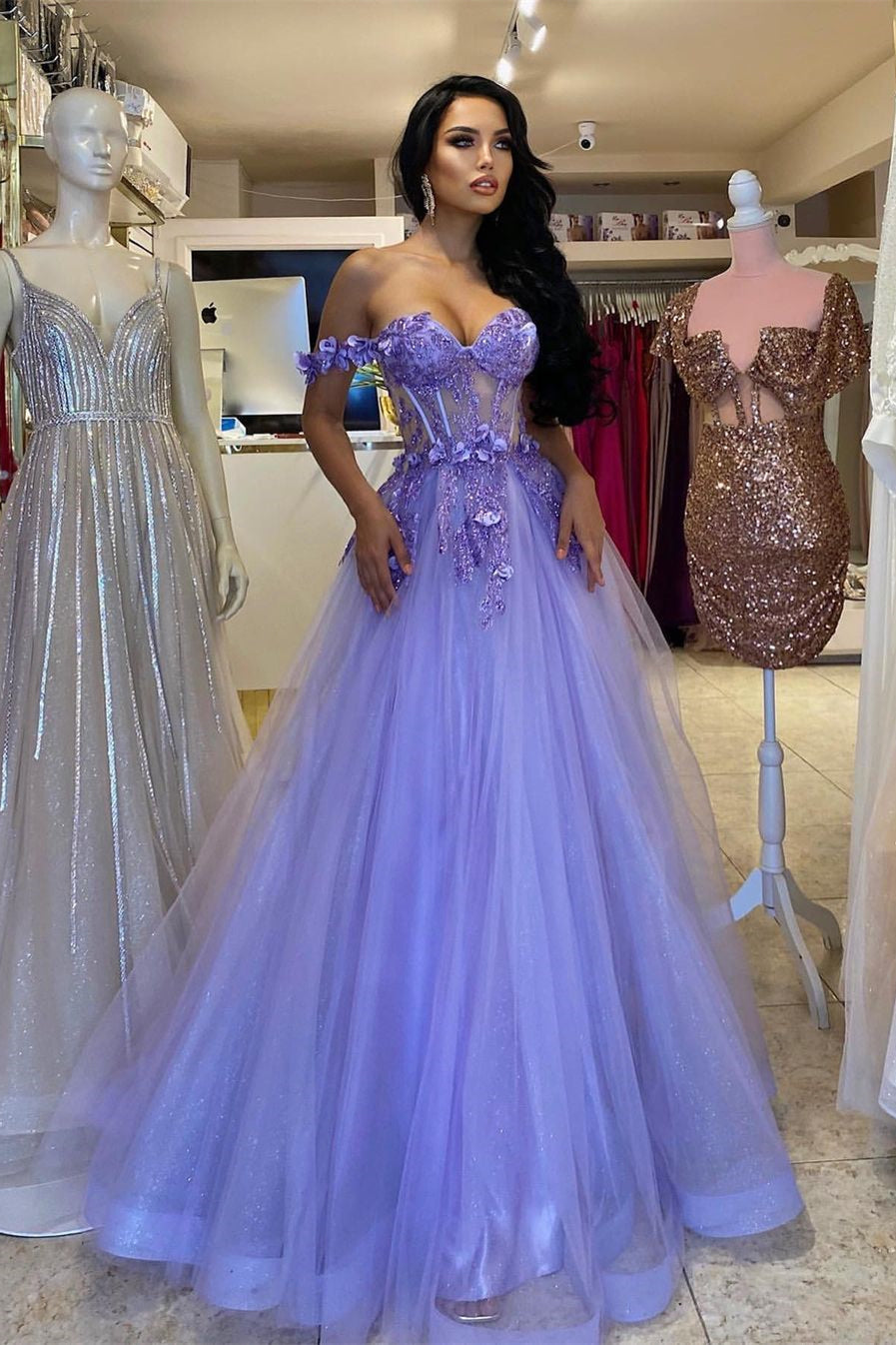 Elegant Purple A-line Off-Shoulder Sleeveless Prom Dress with Lacy Details