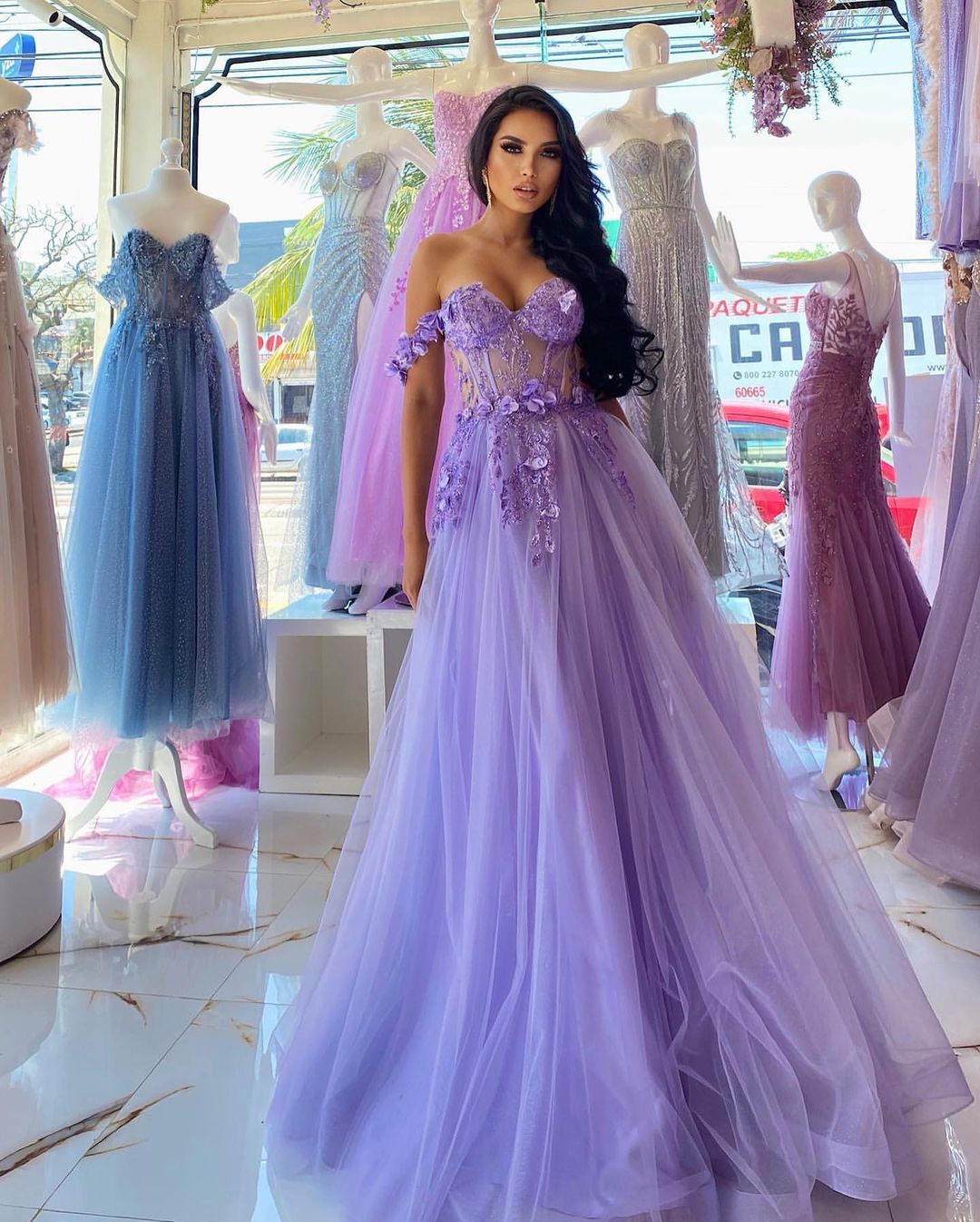 Elegant Purple A-line Off-Shoulder Sleeveless Prom Dress with Lacy Details