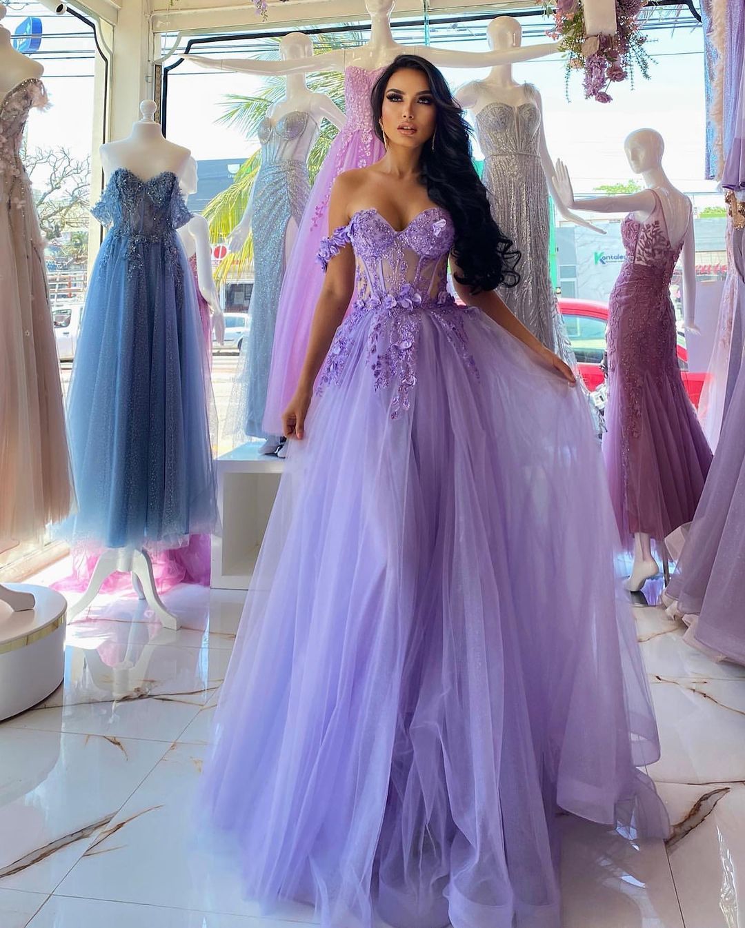 Elegant Purple A-line Off-Shoulder Sleeveless Prom Dress with Lacy Details