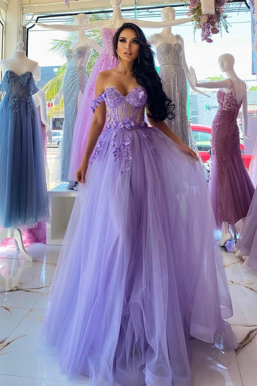 Elegant Purple A-line Off-Shoulder Sleeveless Prom Dress with Lacy Details