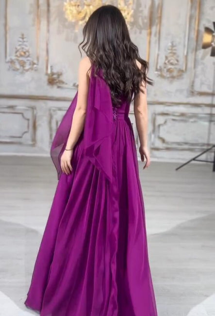 Graceful Long Purple A-line Strapless Laced-up Evening Dress