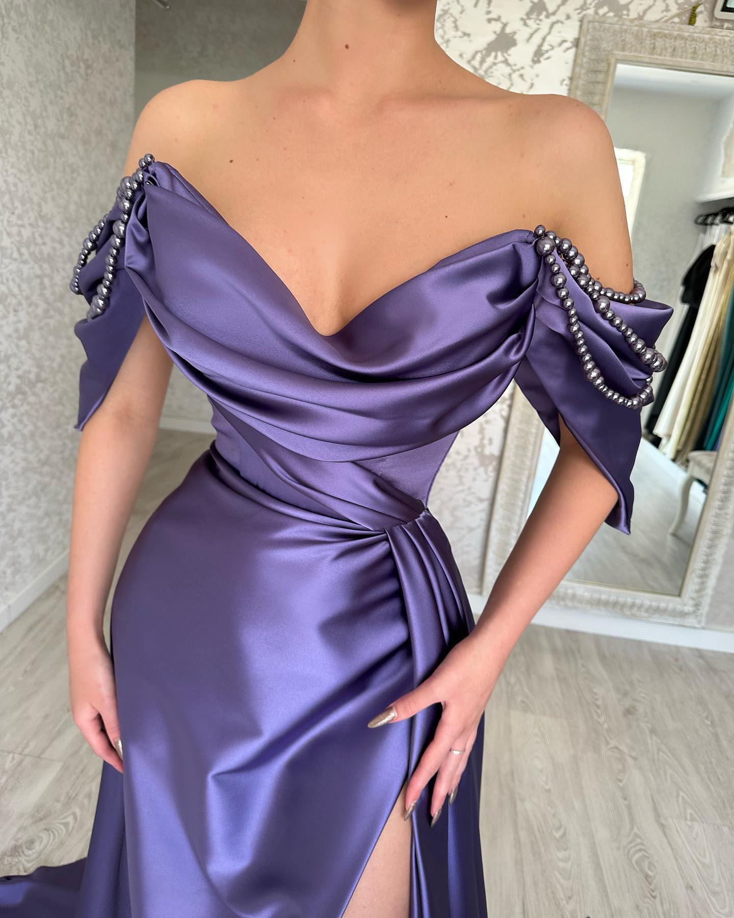 Elegant Long Purple Off-the-Shoulder Sleeveless Prom Dresses Long Slit Online