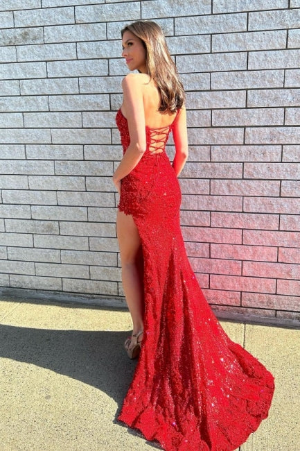 Elegant Long Crimson One Shoulder Evening Gowns Glitter Lace Prom Dresses Featuring Slit