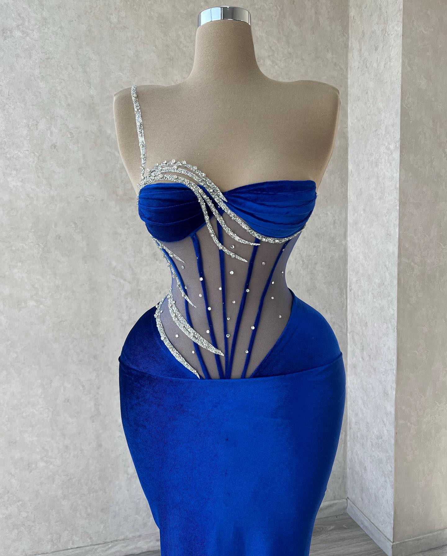 Royal Blue Floor-Length One Shoulder Mermaid Sequined Beading Prom Dress With Lace