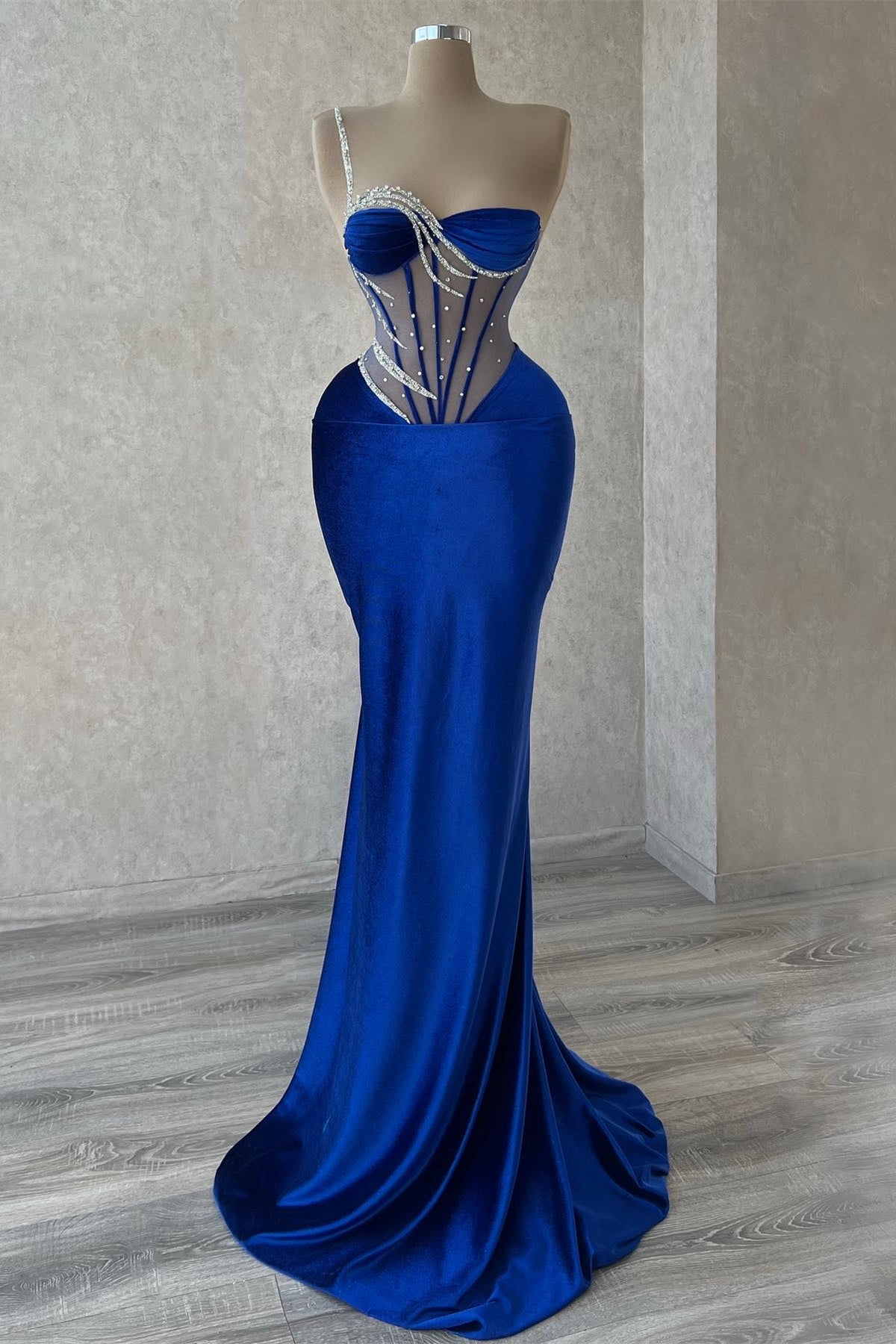 Royal Blue Floor-Length One Shoulder Mermaid Sequined Beading Prom Dress With Lace