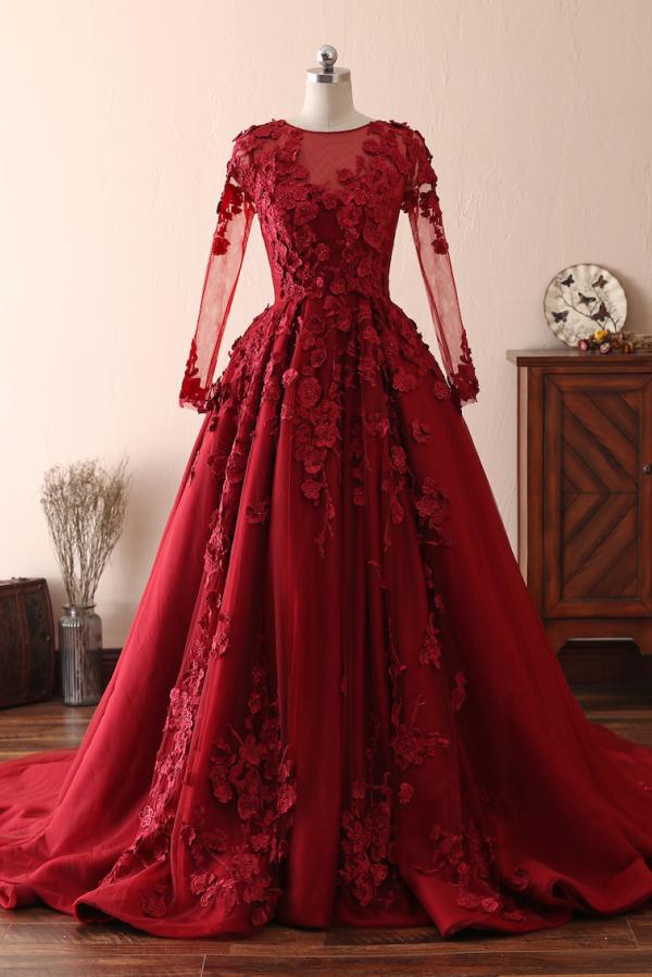 Elegant Long Sleeve Burgundy Prom Dress Lace Evening Gowns