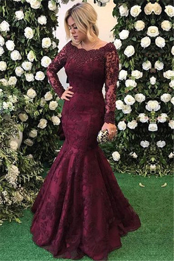 Elegant Long Sleeves Burgundy Evening Dress Mermaid Lace Appliques