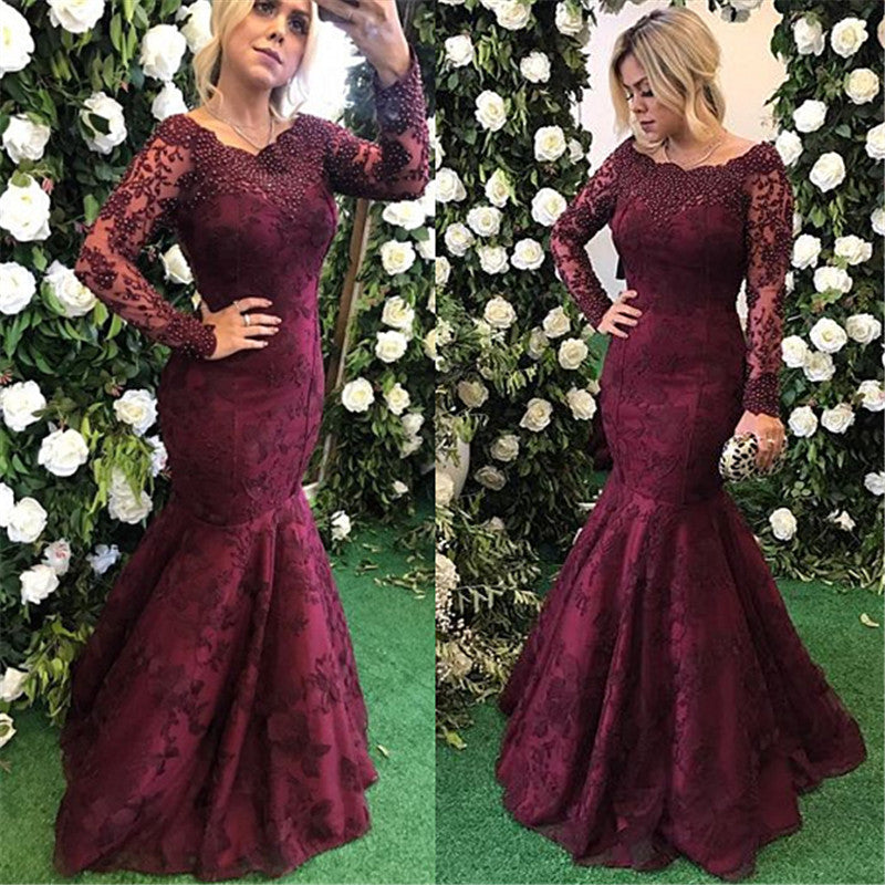 Elegant Long Sleeves Burgundy Evening Dress Mermaid Lace Appliques