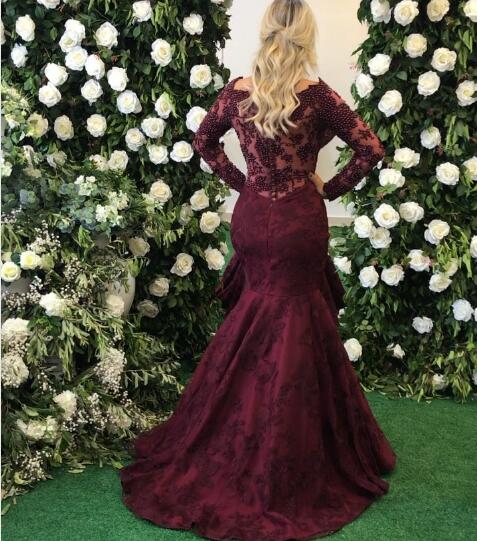 Elegant Long Sleeves Burgundy Evening Dress Mermaid Lace Appliques