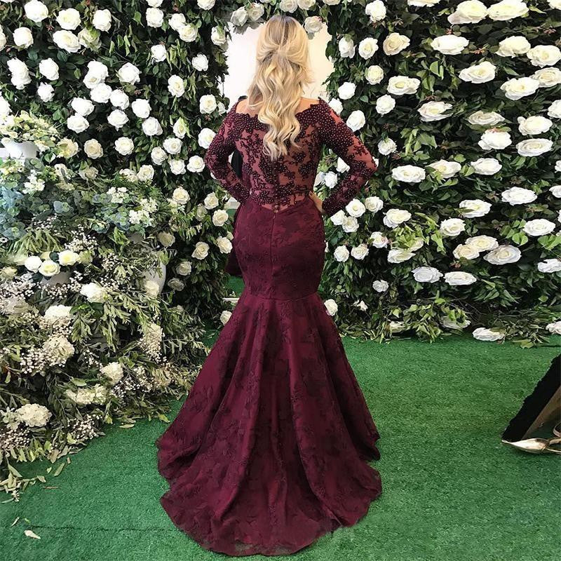 Elegant Long Sleeves Burgundy Evening Dress Mermaid Lace Appliques