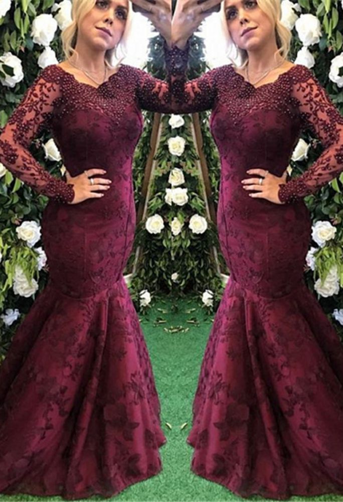 Elegant Long Sleeves Burgundy Evening Dress Mermaid Lace Appliques