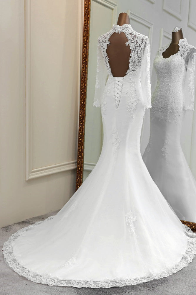 Elegant Long Sleeves Lace Mermaid Wedding Dresses Appliques White Bridal Gowns with Beadings