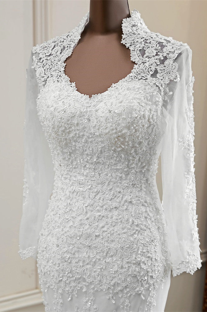 Elegant Long Sleeves Lace Mermaid Wedding Dresses Appliques White Bridal Gowns with Beadings