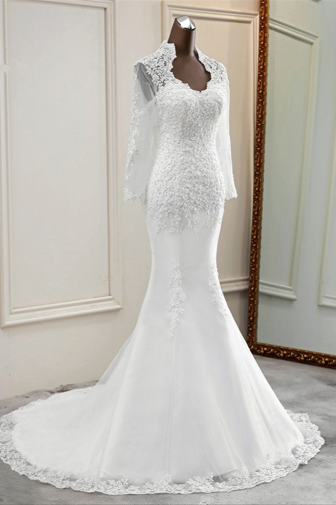 Elegant Long Sleeves Lace Mermaid Wedding Dresses Appliques White Bridal Gowns with Beadings