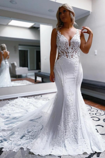 Elegant Long White Mermaid Straps V-neck Backless Wedding Dress with Lace Embellishments